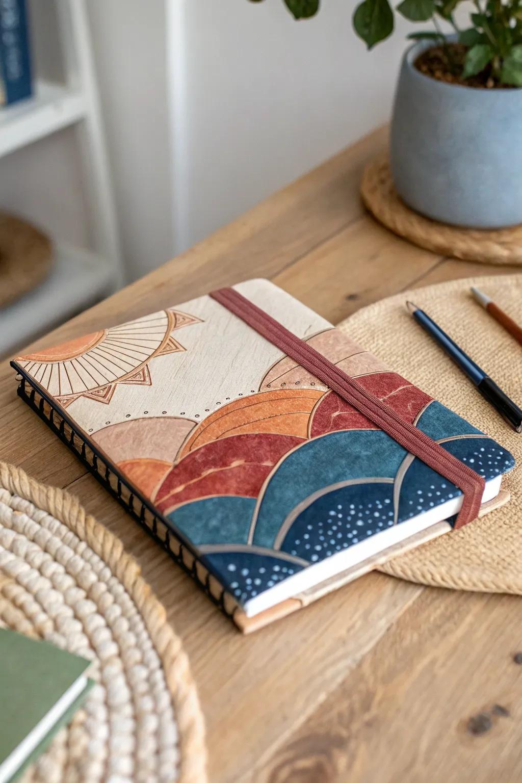 Discover the art of mixed media magic with this stunning notebook cover, where craftsmanship meets creativity in a dance of colors and textures.