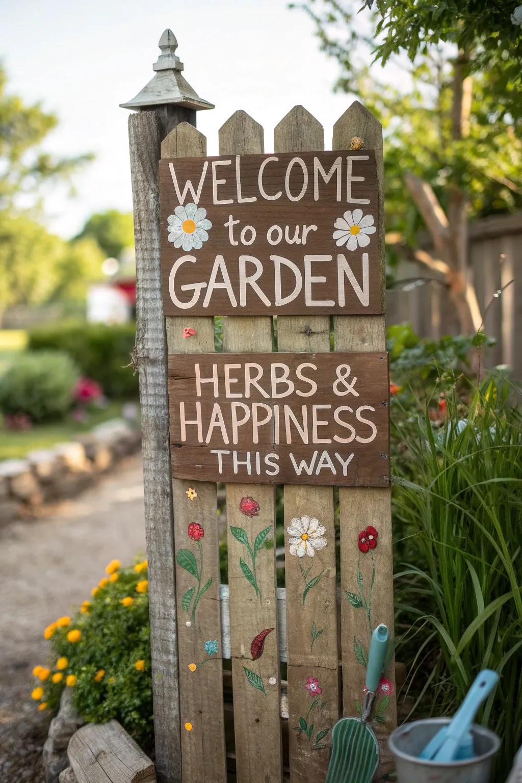 Add a touch of whimsy to your garden with charming handmade signs crafted from old fence wood.