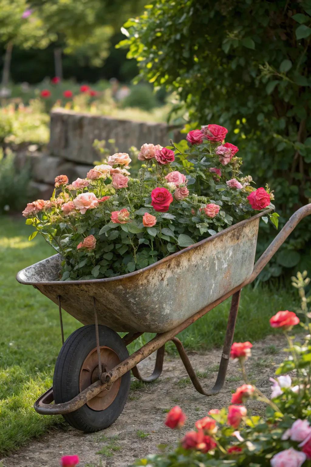 Rustic Elegance: A wheelbarrow's charm blooms with miniature roses.