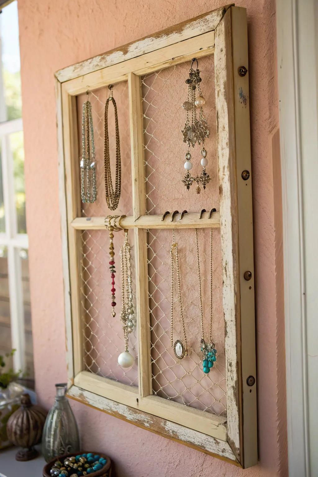 Transform your space with an upcycled window turned jewelry organizer—where vintage charm meets modern elegance. #UpcycleBeauty #ScandiBoho