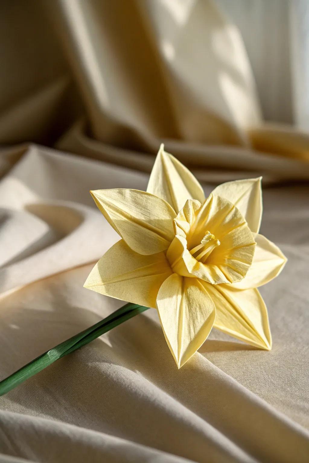 Embrace the essence of spring with a handcrafted origami daffodil, blending simplicity and artistry for a touch of nature indoors.