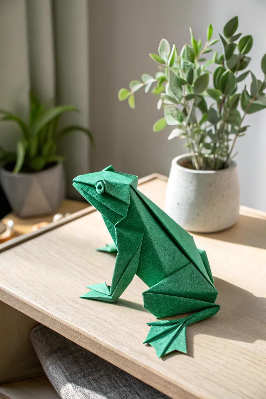 Leap into creativity with a charming origami frog, a playful touch for your minimalist workspace.