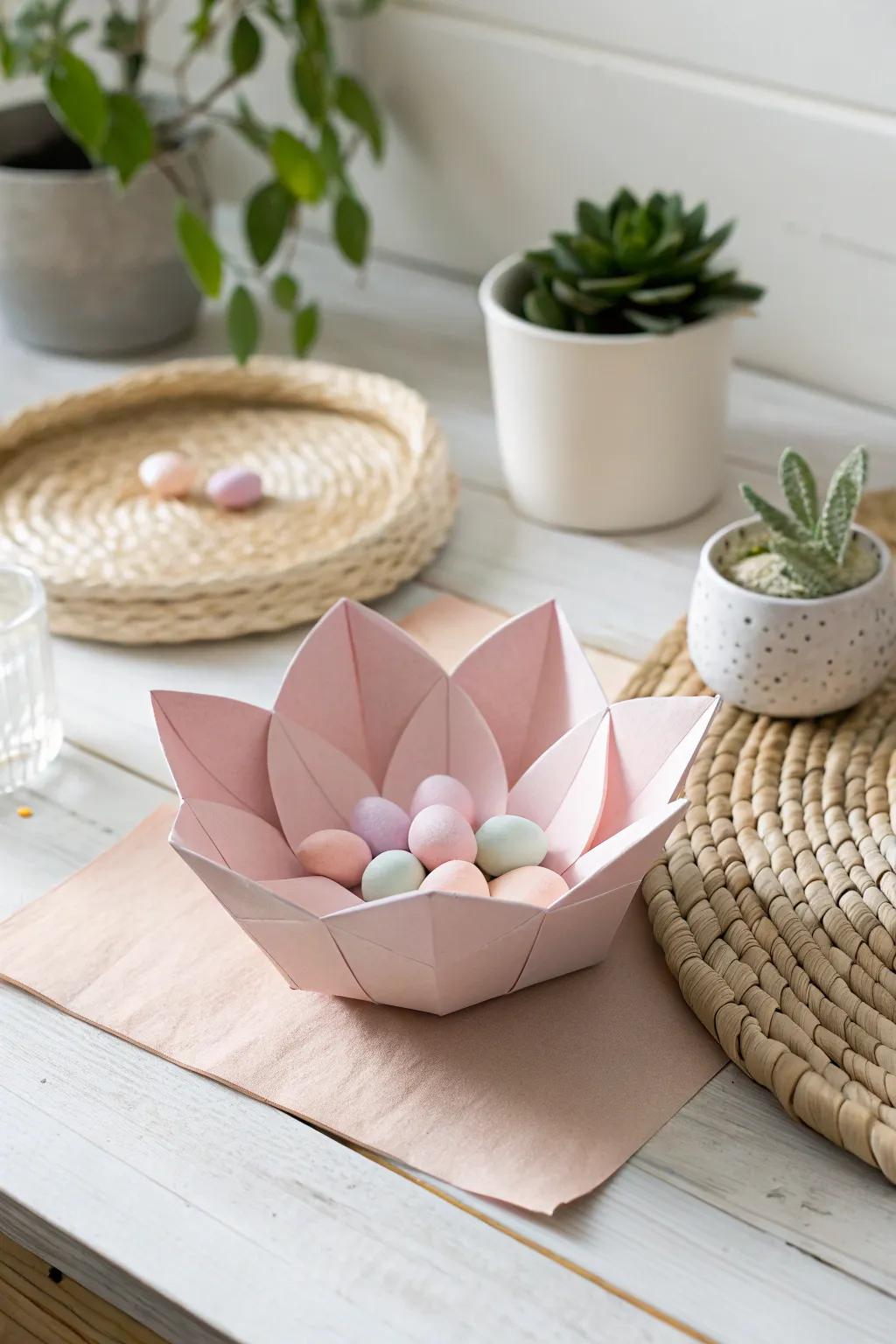 Delight in the elegance of simplicity with this charming origami flower bowl, perfect for holding sweet treats and adding a handmade touch to any space.