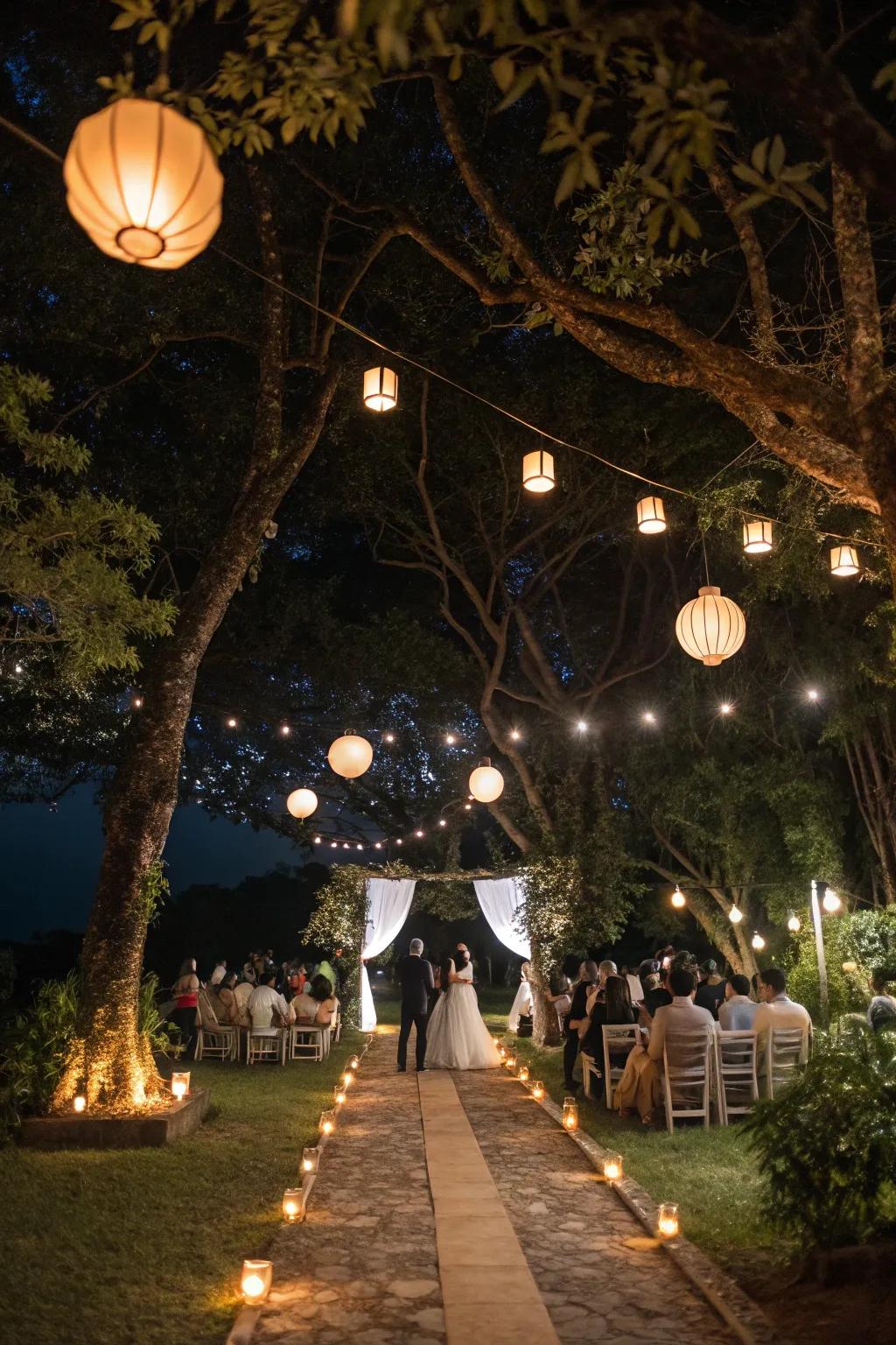 A variety of lanterns add a soft and inviting glow to the wedding venue.
