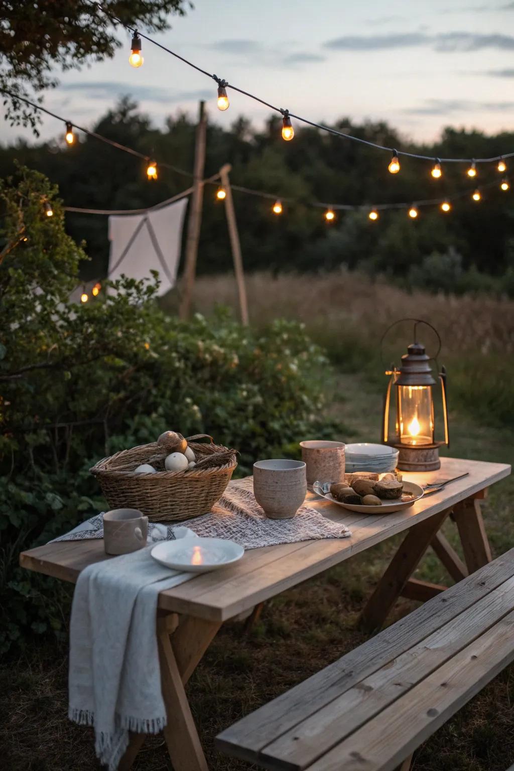 Create a magical outdoor kitchen atmosphere with the warm glow of lanterns and string lights.