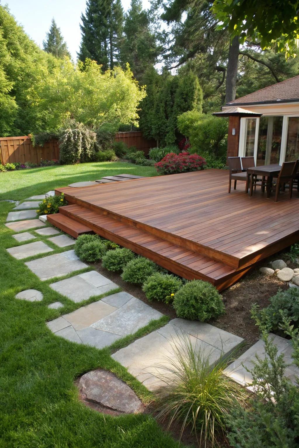 Experience seamless elegance with a deck that naturally blends into your yard.