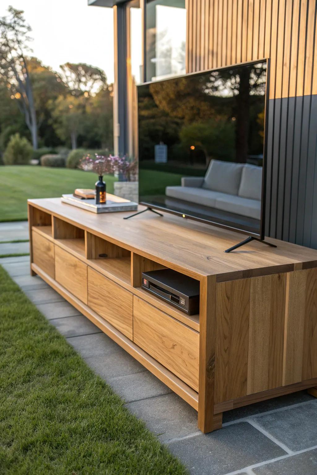 Experience the ultimate in outdoor luxury with this convertible bench that effortlessly becomes a TV cabinet. Craftsmanship meets comfort and entertainment.