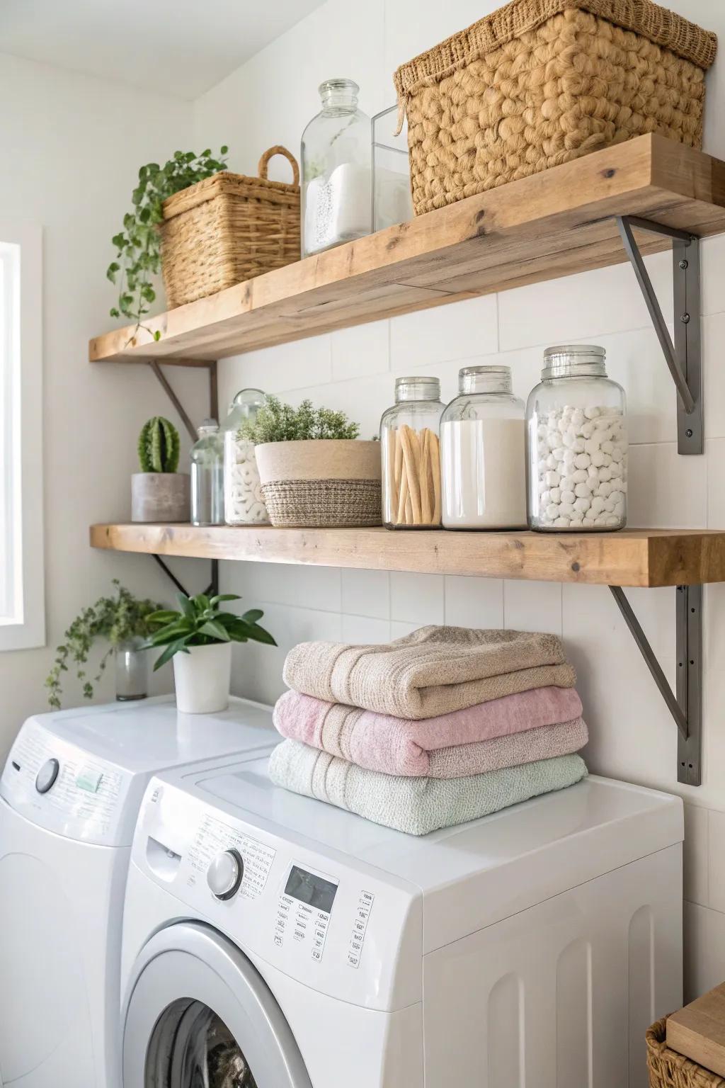 Elevate your laundry routine with stylish open shelving that combines functionality and beauty.