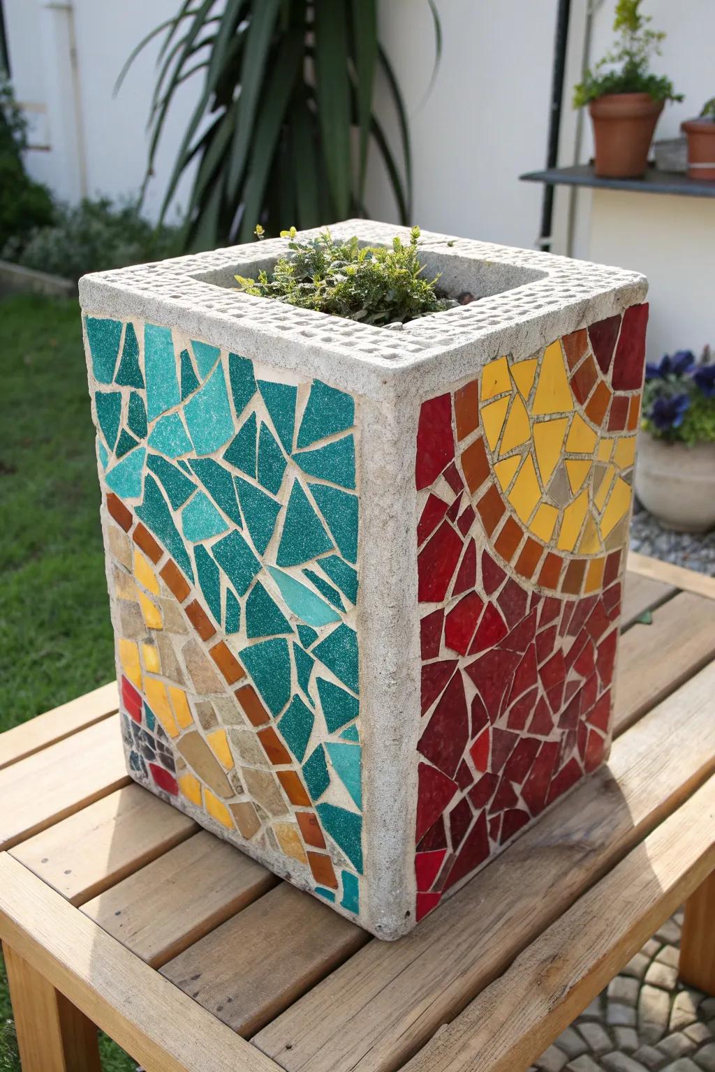 Transform your garden with a mosaic masterpiece that combines bold colors with minimalist elegance.