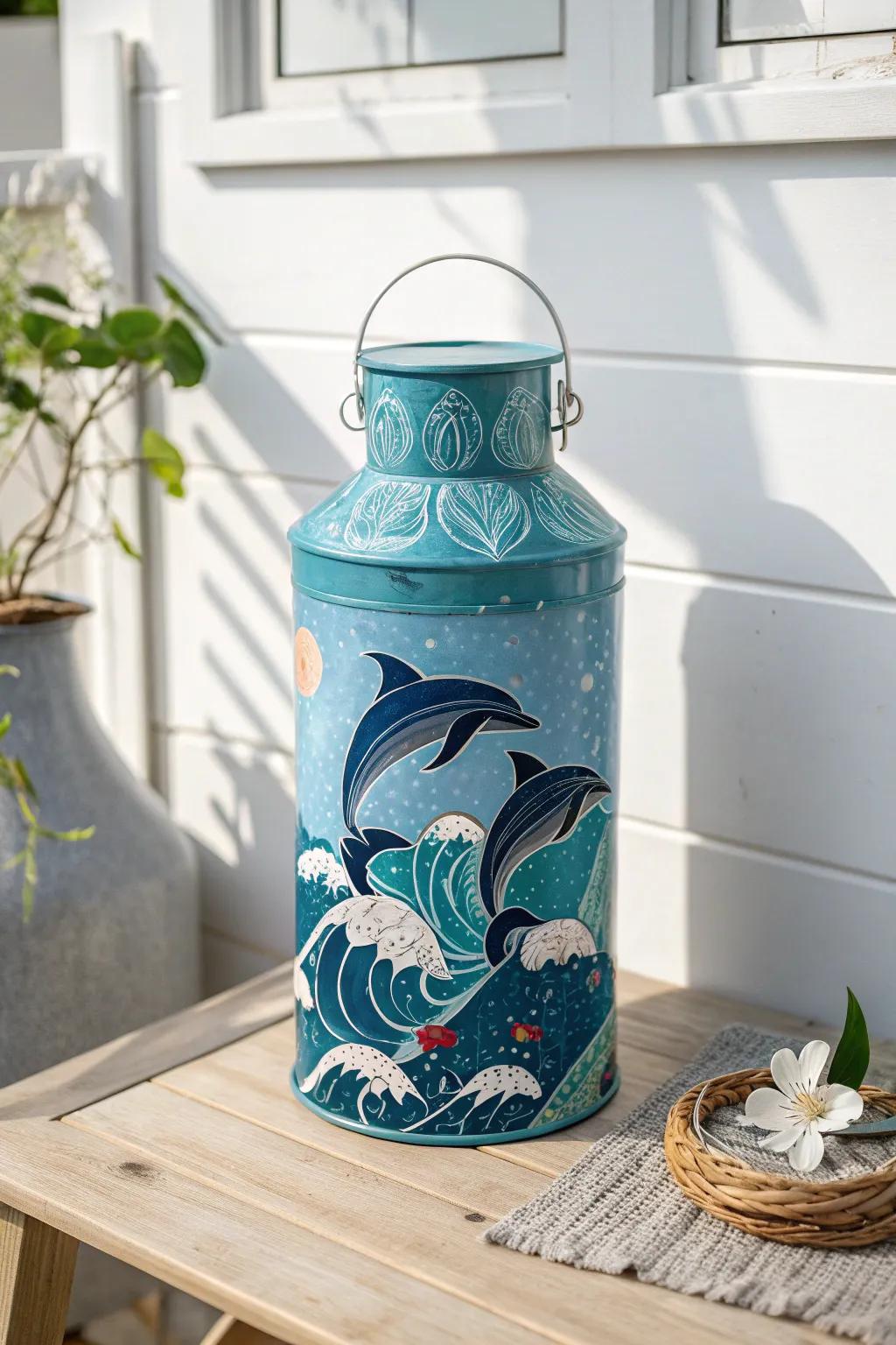 Dive into coastal vibes with this beautifully painted milk can, where dolphins dance in waves of ocean blue.