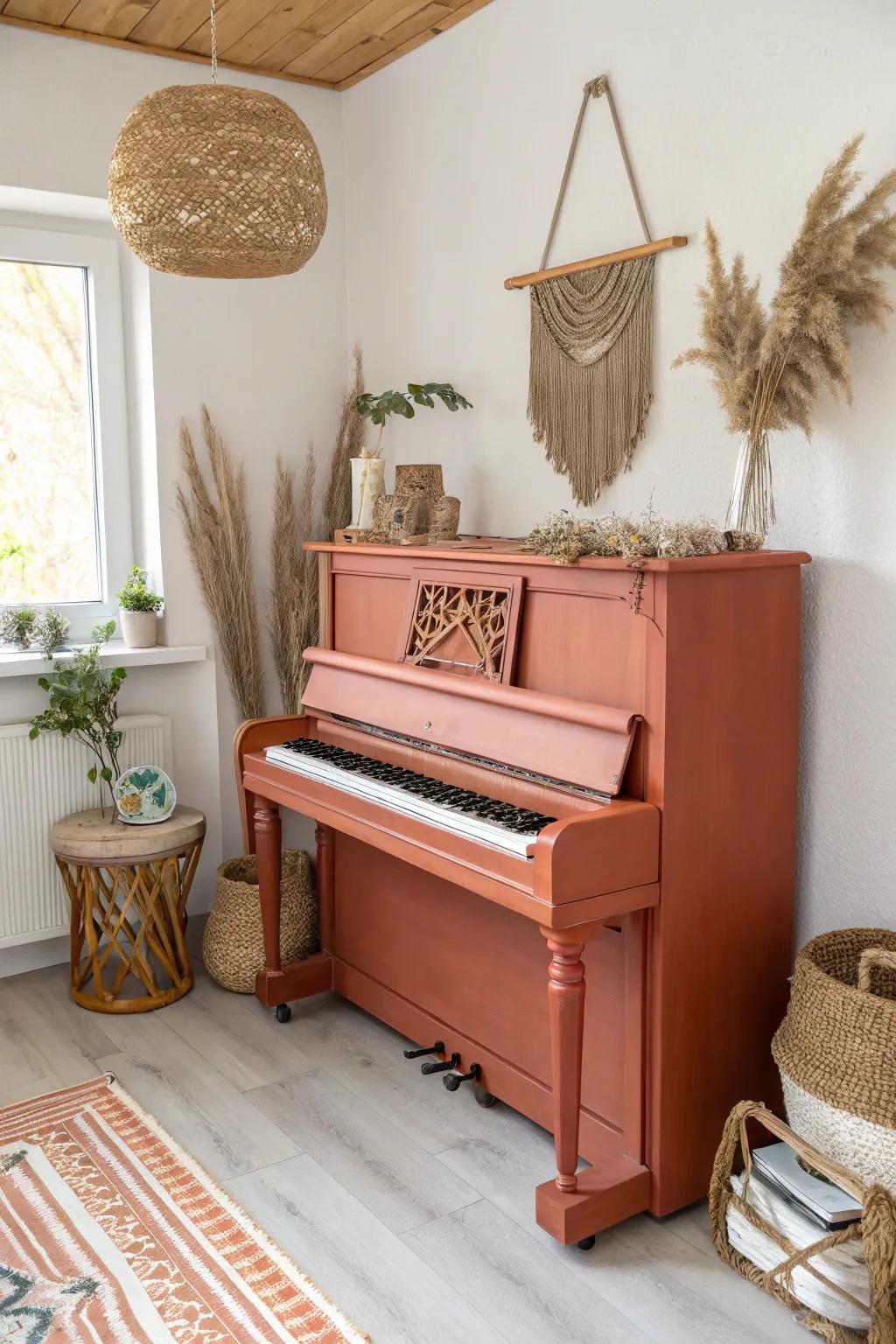 Transform your space with a bohemian terra cotta piano, where minimalism meets vibrant artistry.