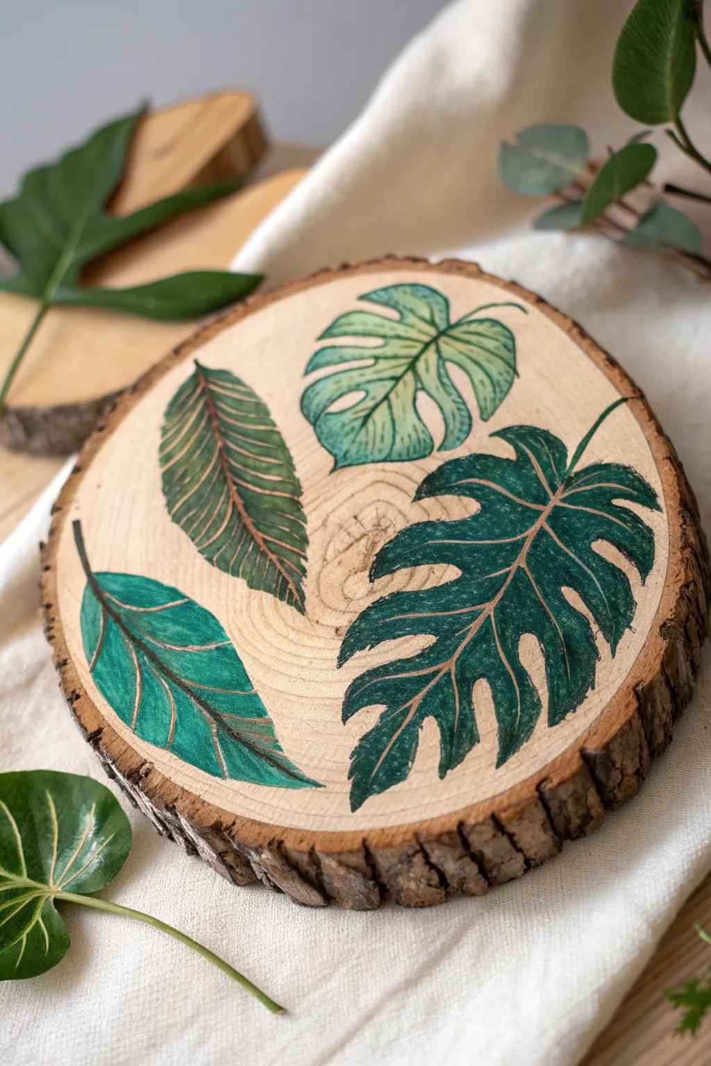 Embrace nature's elegance: hand-painted leaves on rustic wood.