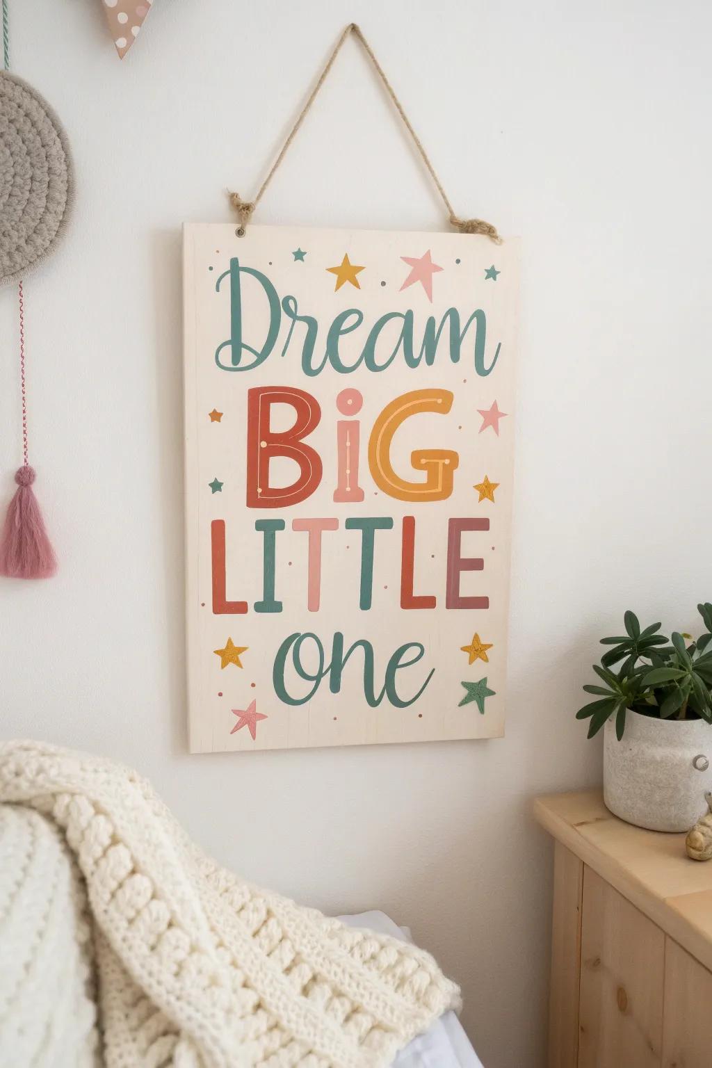 Add a splash of whimsy to your child's room with this vibrant 'Dream Big Little One' sign!