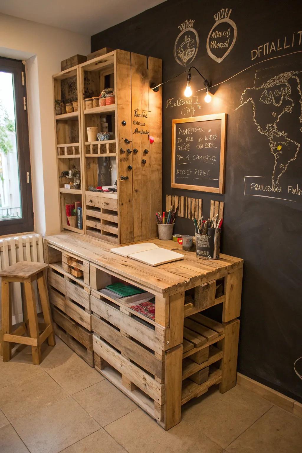 Craft your creativity in a rustic pallet fort art studio.