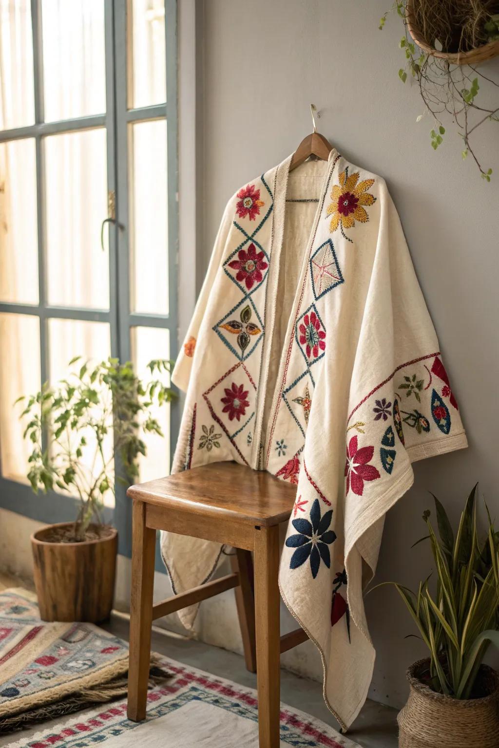 Wrap yourself in creativity and warmth with a patch-adorned cape or poncho, where simplicity meets bold design.