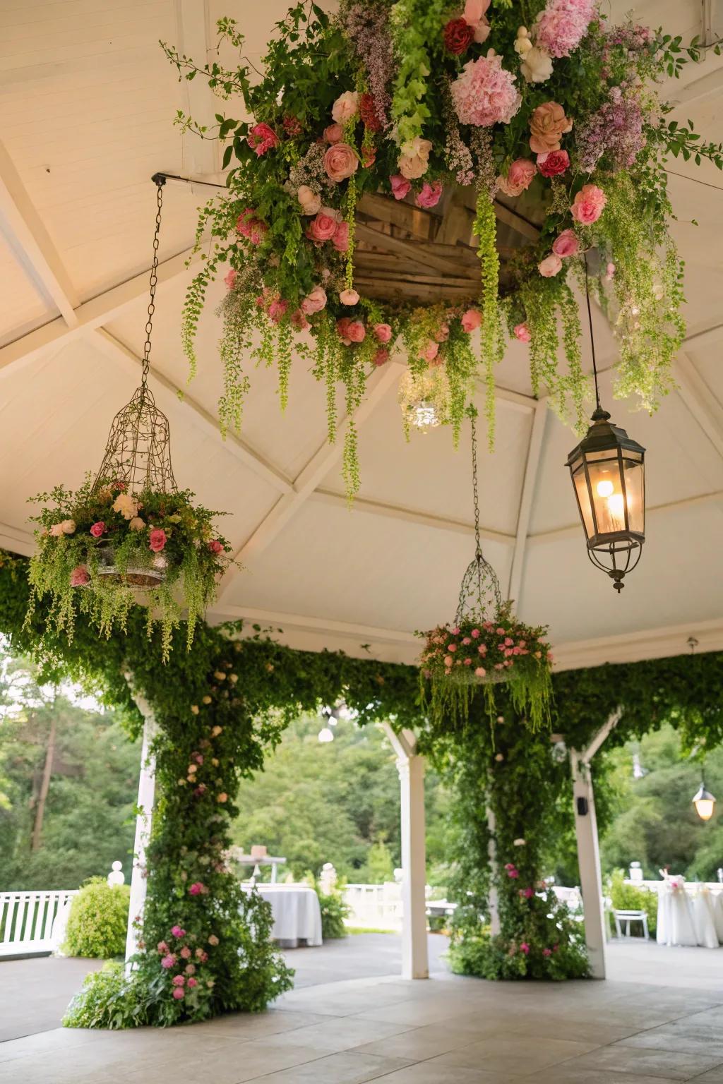 Hanging floral installations create a breathtaking overhead display.