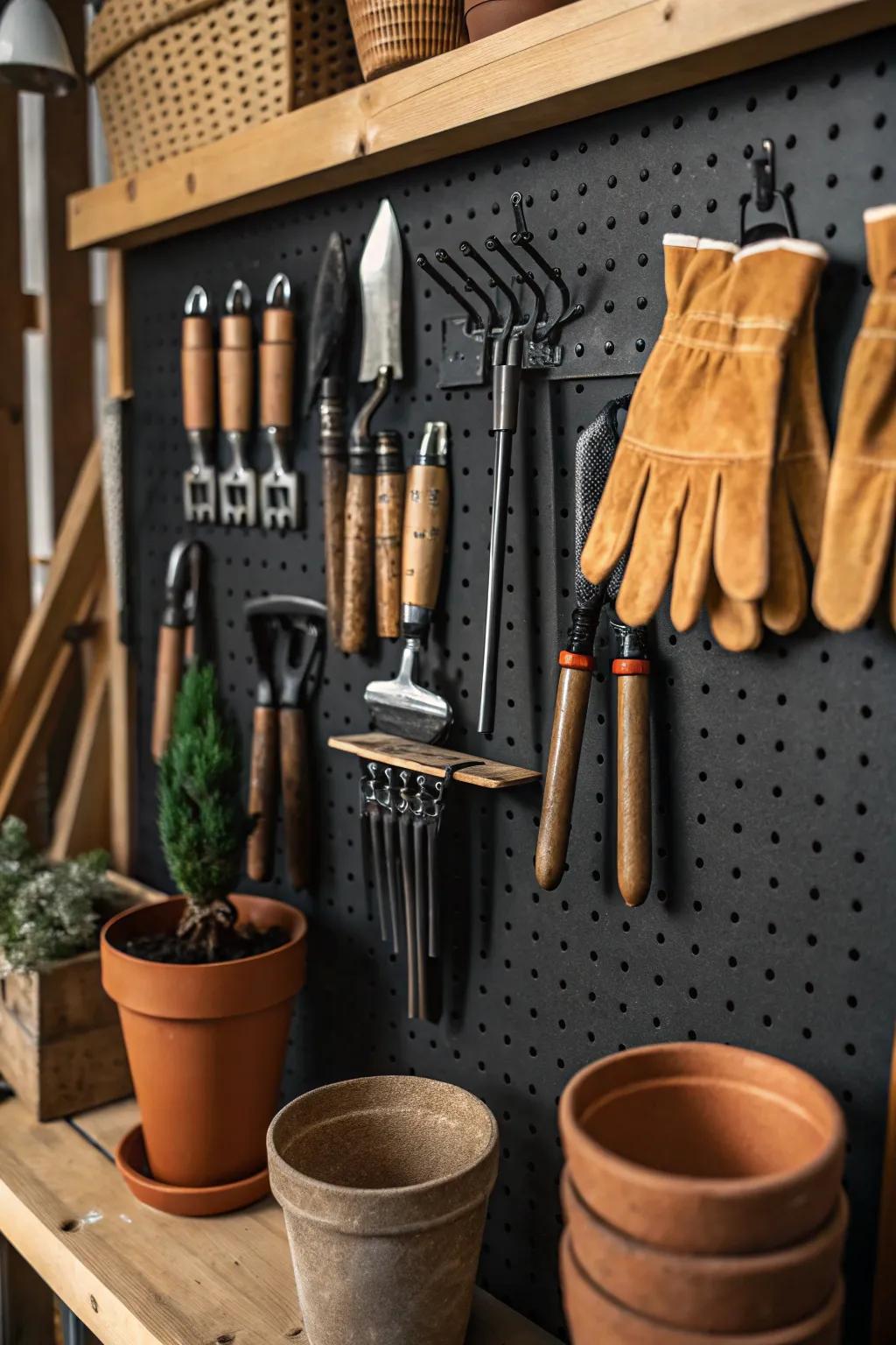 Transform your garage into a Garden Tool Haven with a pegboard that marries style and practicality.