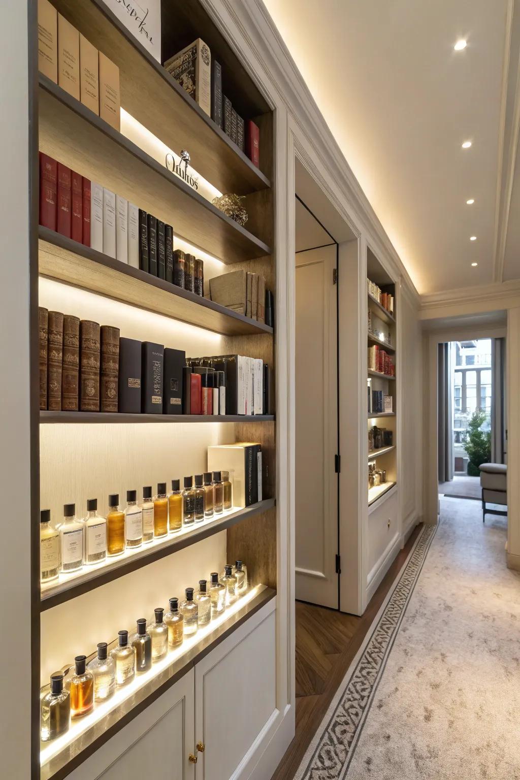 Vertical shelves offer a stylish solution for tight spaces.