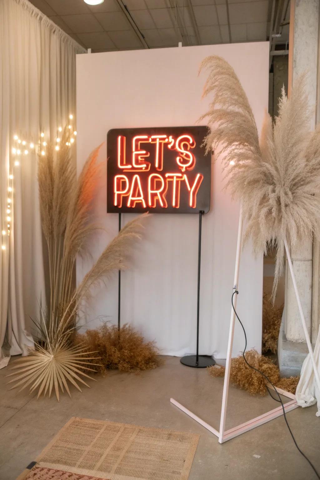 Illuminate your celebrations with a neon sign that speaks volumes—'Let's Party' in vibrant hues for a chic and modern backdrop.