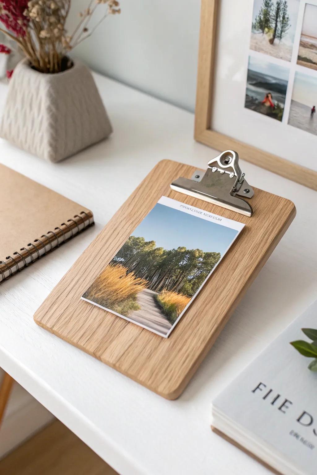 Transform your space with stylish simplicity: Swap photos to match your mood with a chic photo clipboard.