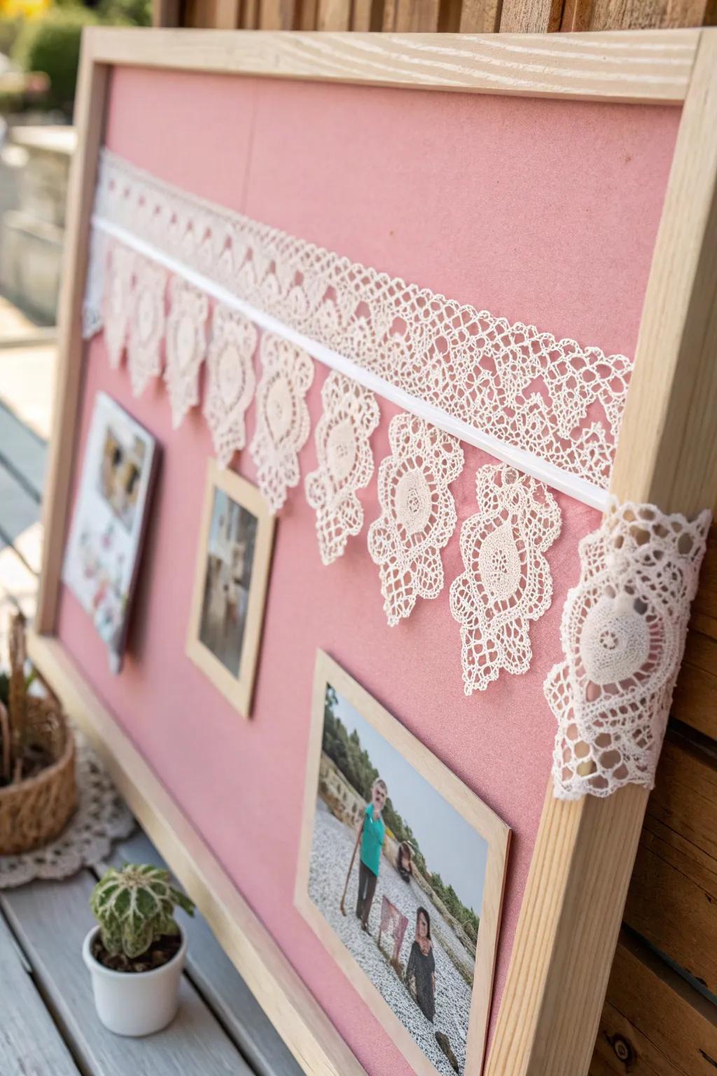 Elevate your space with a touch of vintage elegance: a lace-bordered pink bulletin board that embodies minimalist charm.