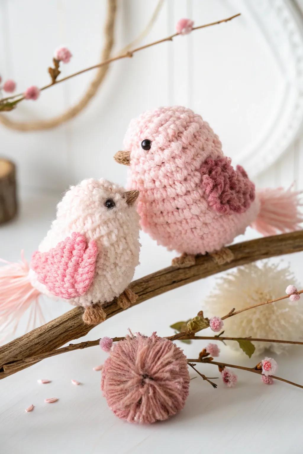 Crafted with love: Pink Yarn Love Birds that bring a touch of whimsy to any space.