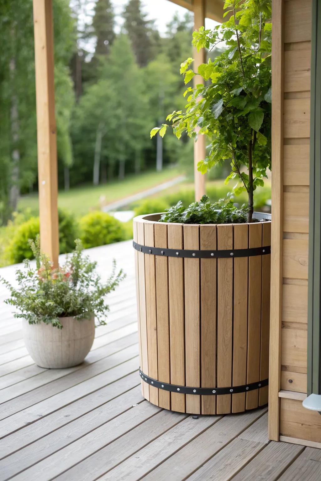Transform your garden with rustic elegance: a wooden-clad barrel planter that exudes minimalist charm.