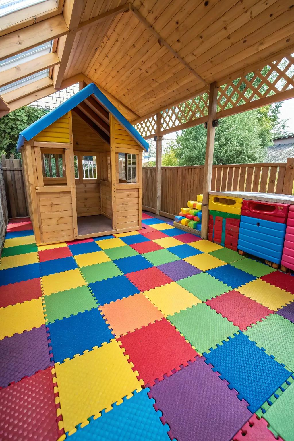 Vibrant rubber tiles create a colorful and safe play environment.