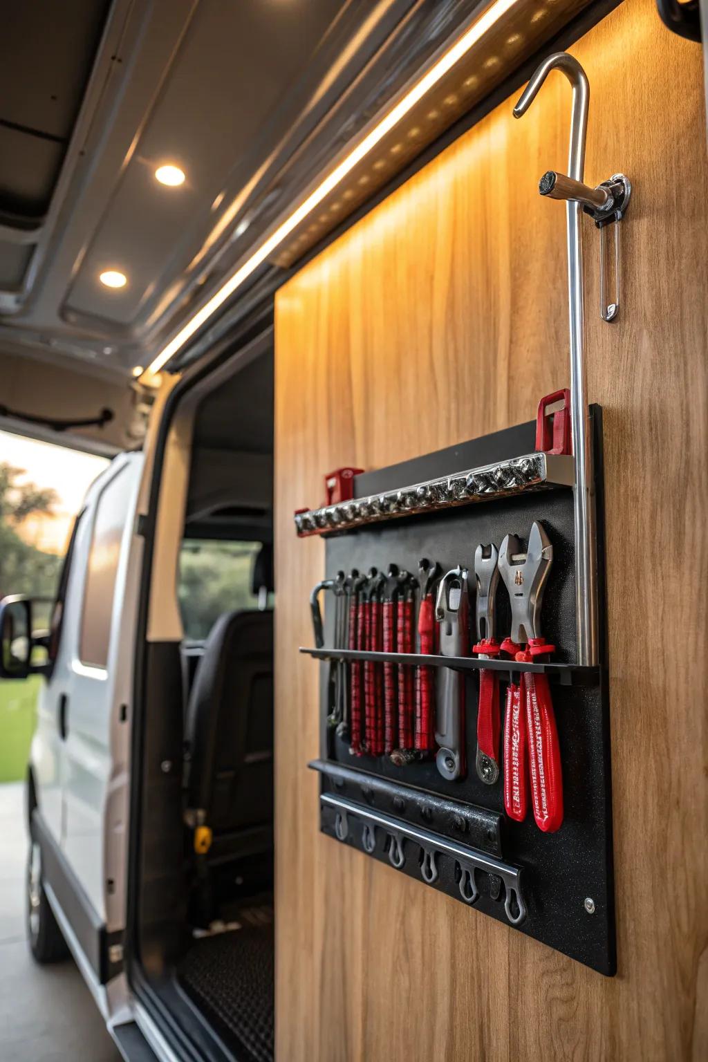 Transform your plumbing van with sleek hook systems for ultimate organization and style.