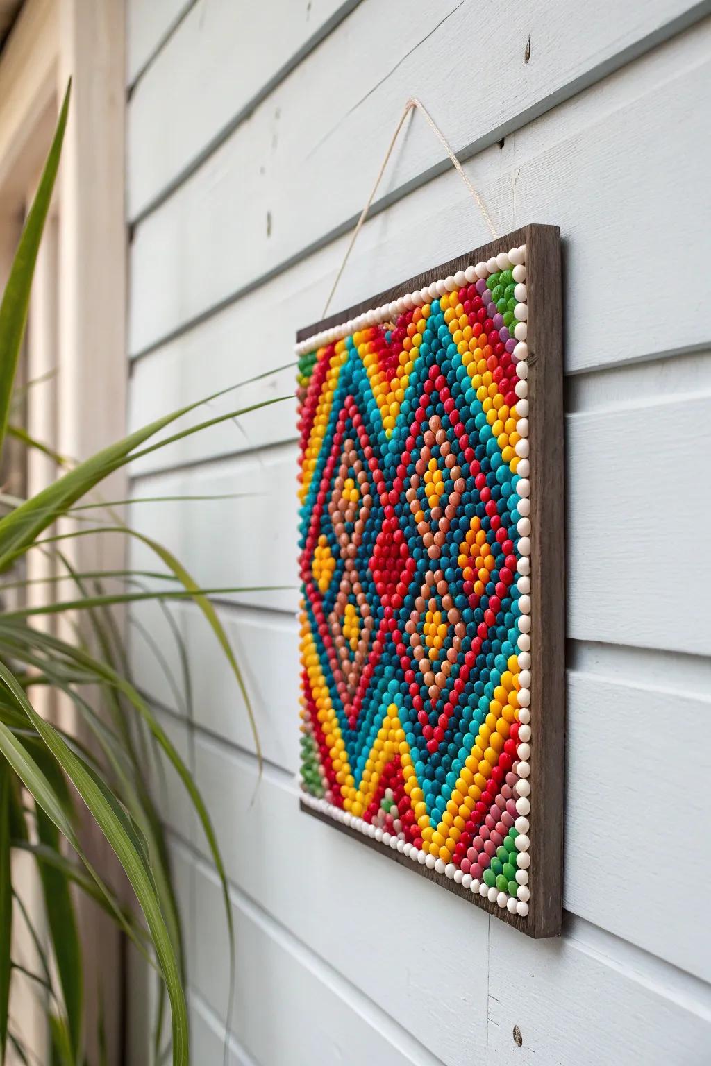 Elevate your space with a burst of color: handcrafted pony bead mosaic wall art that embodies minimalist elegance with a bold twist.