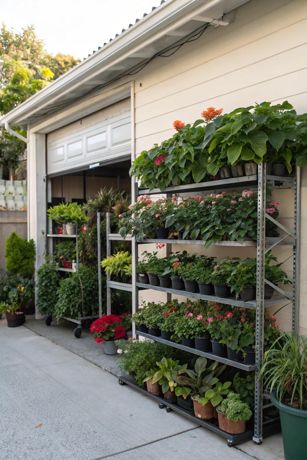 Vertical plant stands adding height and depth to the display.