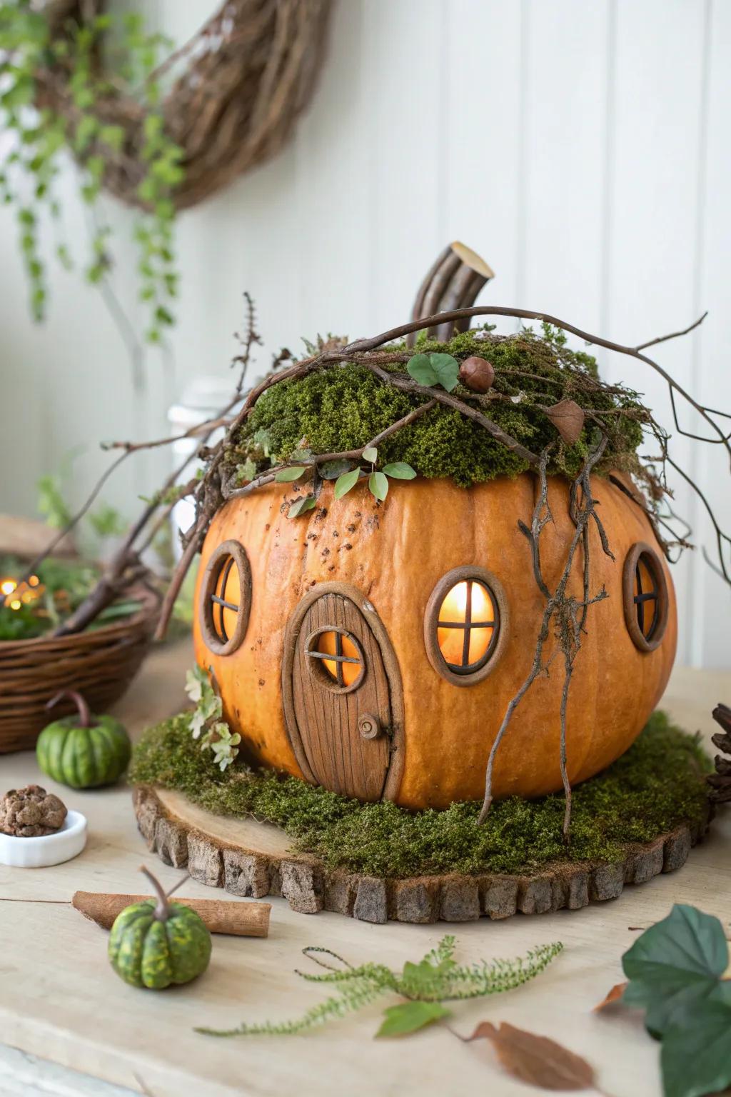 Step into a world of enchantment with this charming pumpkin fairy house, a perfect blend of nature and fantasy.