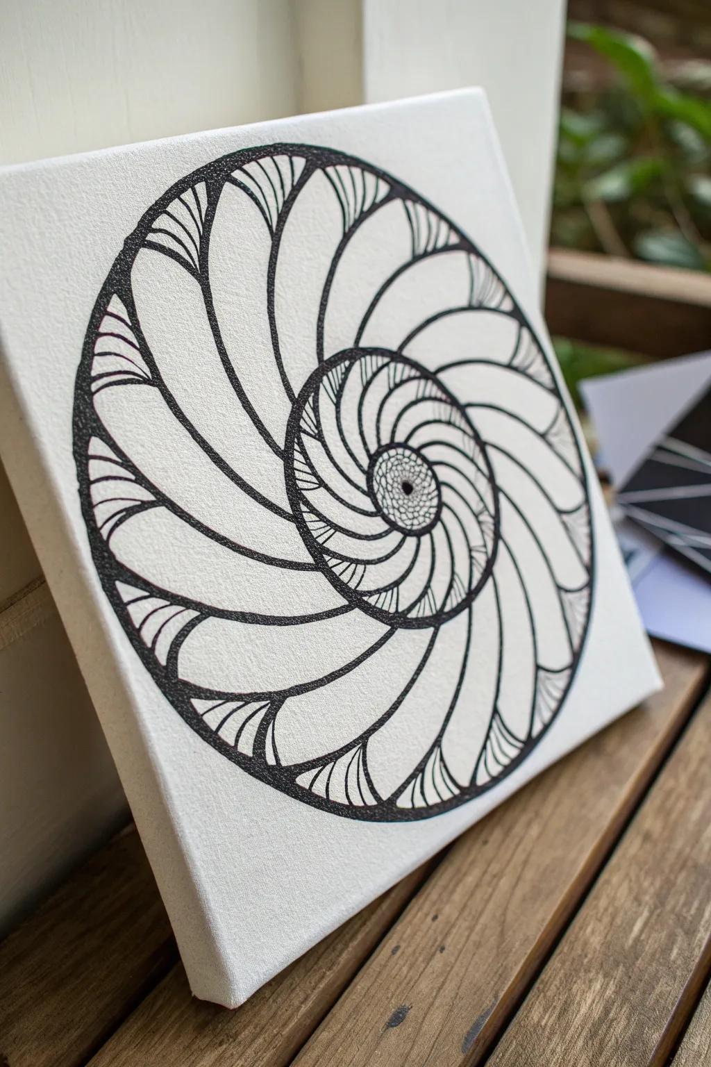 Discover the beauty of simplicity with this monochrome Pythagorean spiral, where bold design meets minimalist elegance.