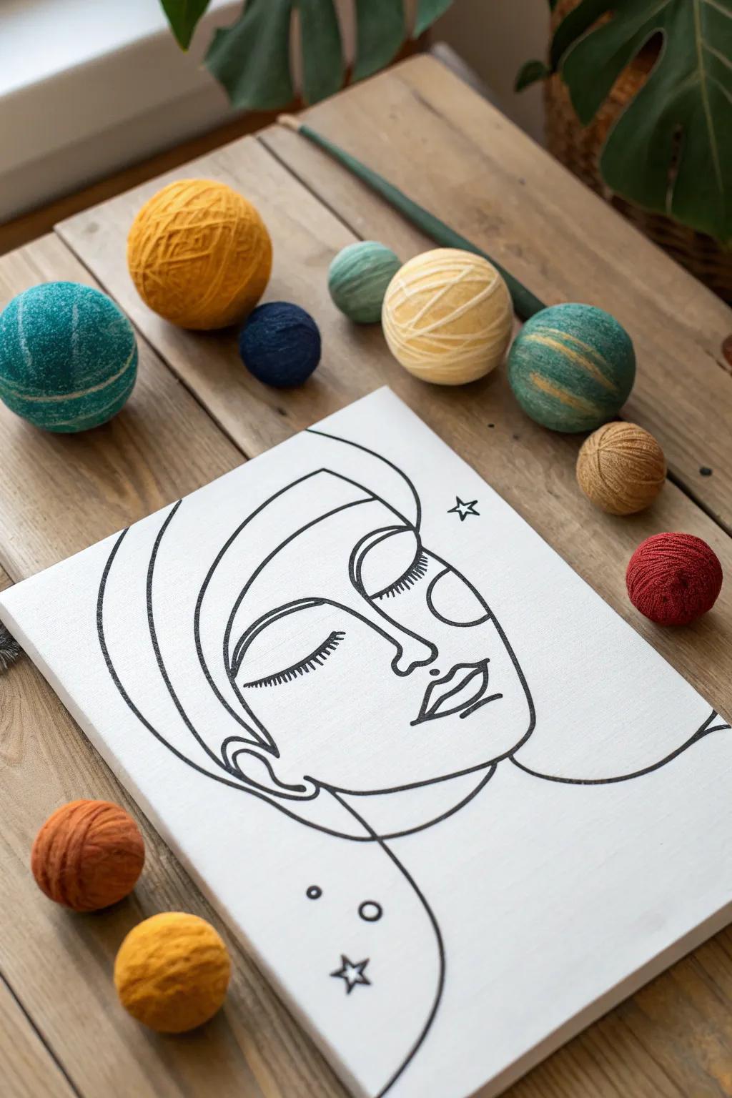 Explore cosmic creativity with an abstract face and orbiting planets. A minimalist masterpiece with a boho touch!