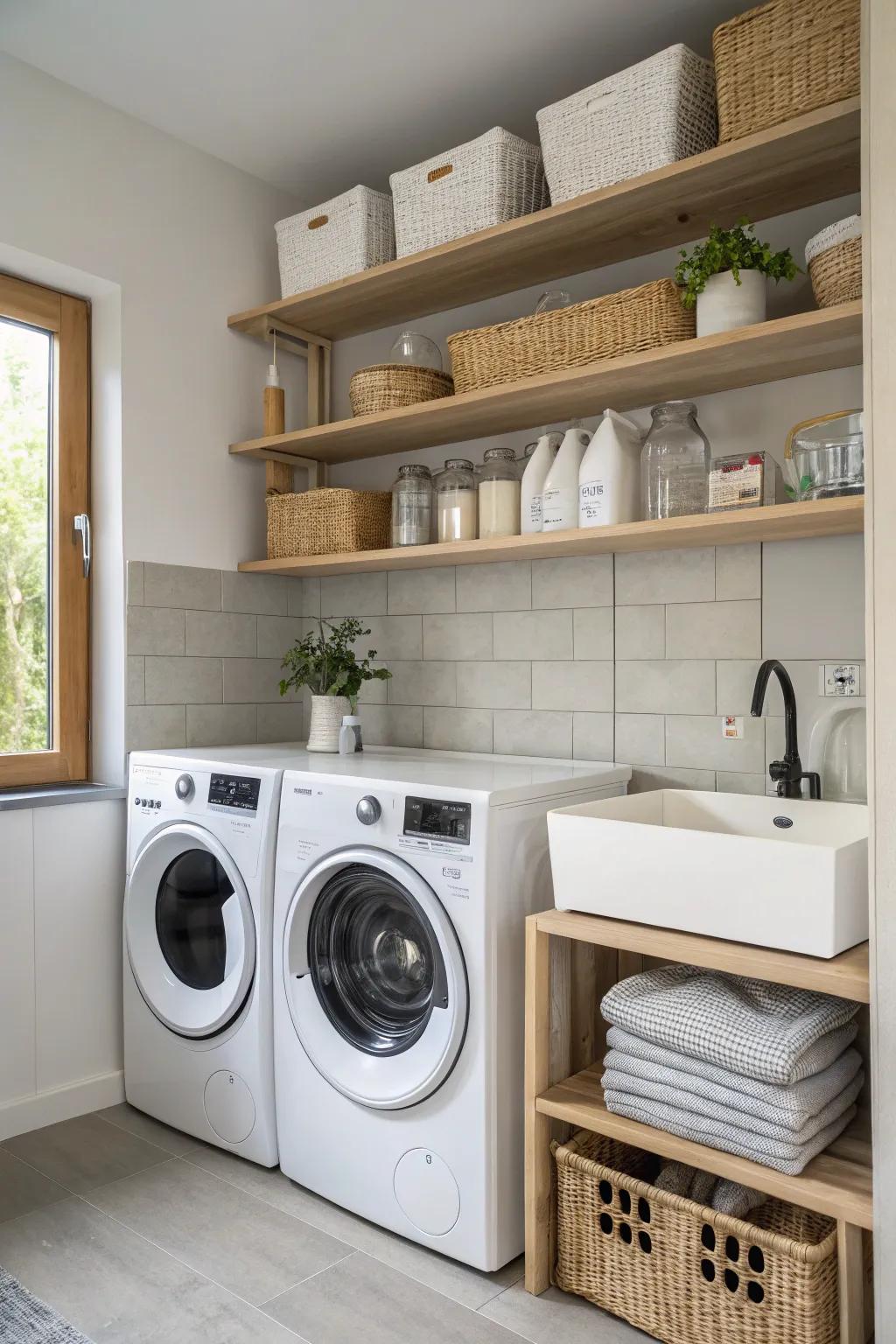 Elevate your laundry space with Scandinavian simplicity and boho charm—built-in shelves for style and functionality!