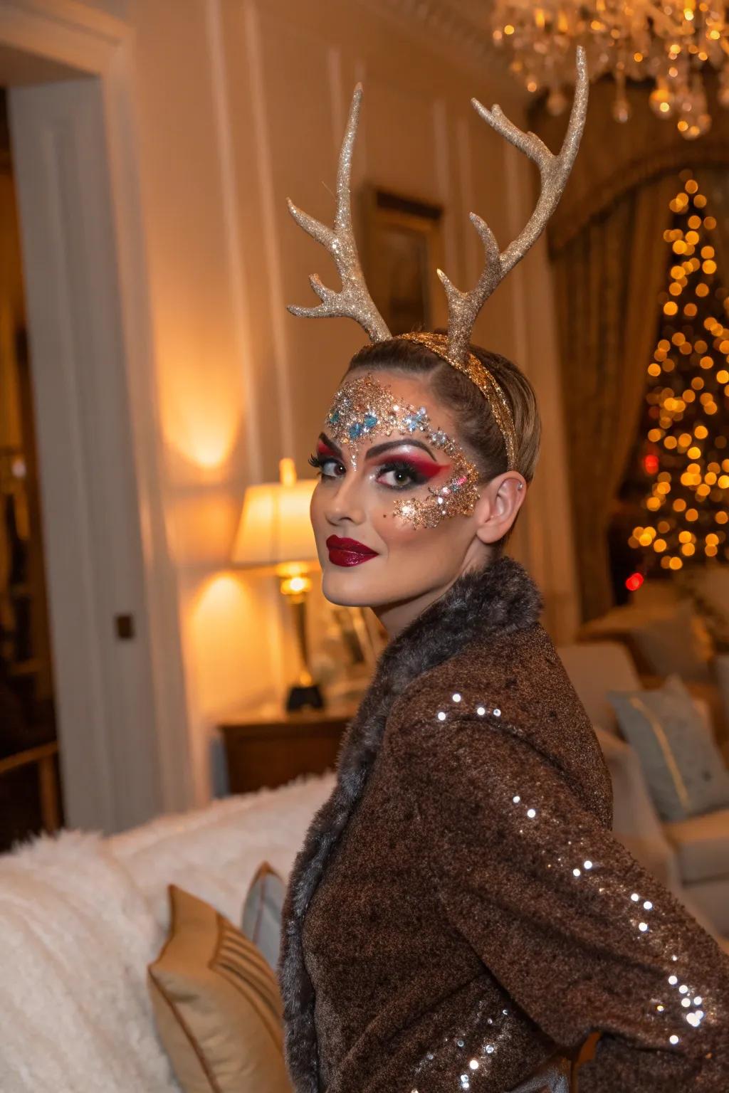 Glitter and shimmer bring a glamorous touch to reindeer face paint.