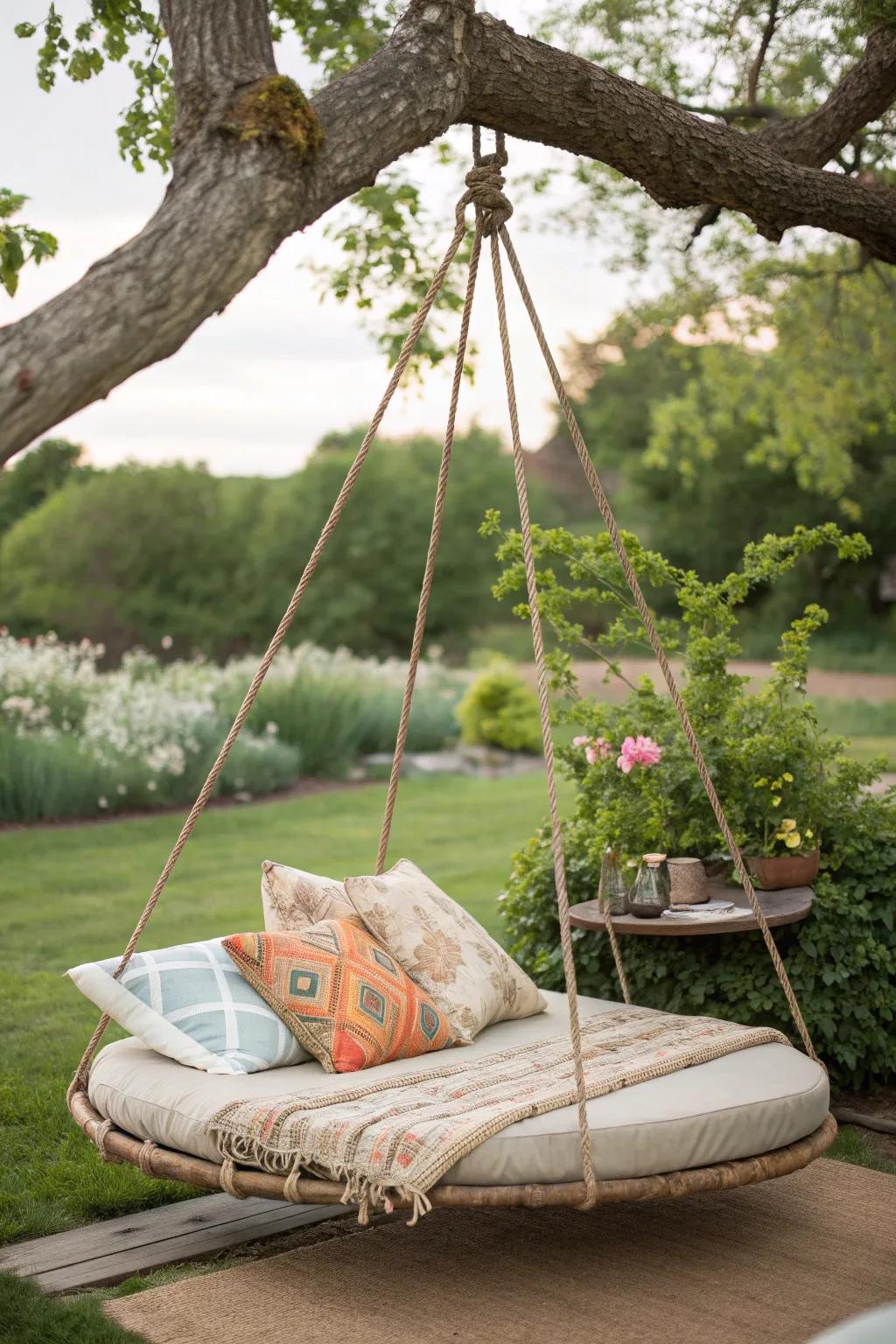 Transform your garden into a serene escape with this stunning swing bed made from a repurposed trampoline. 🌿✨ #GardenOasis #ScandiBoho