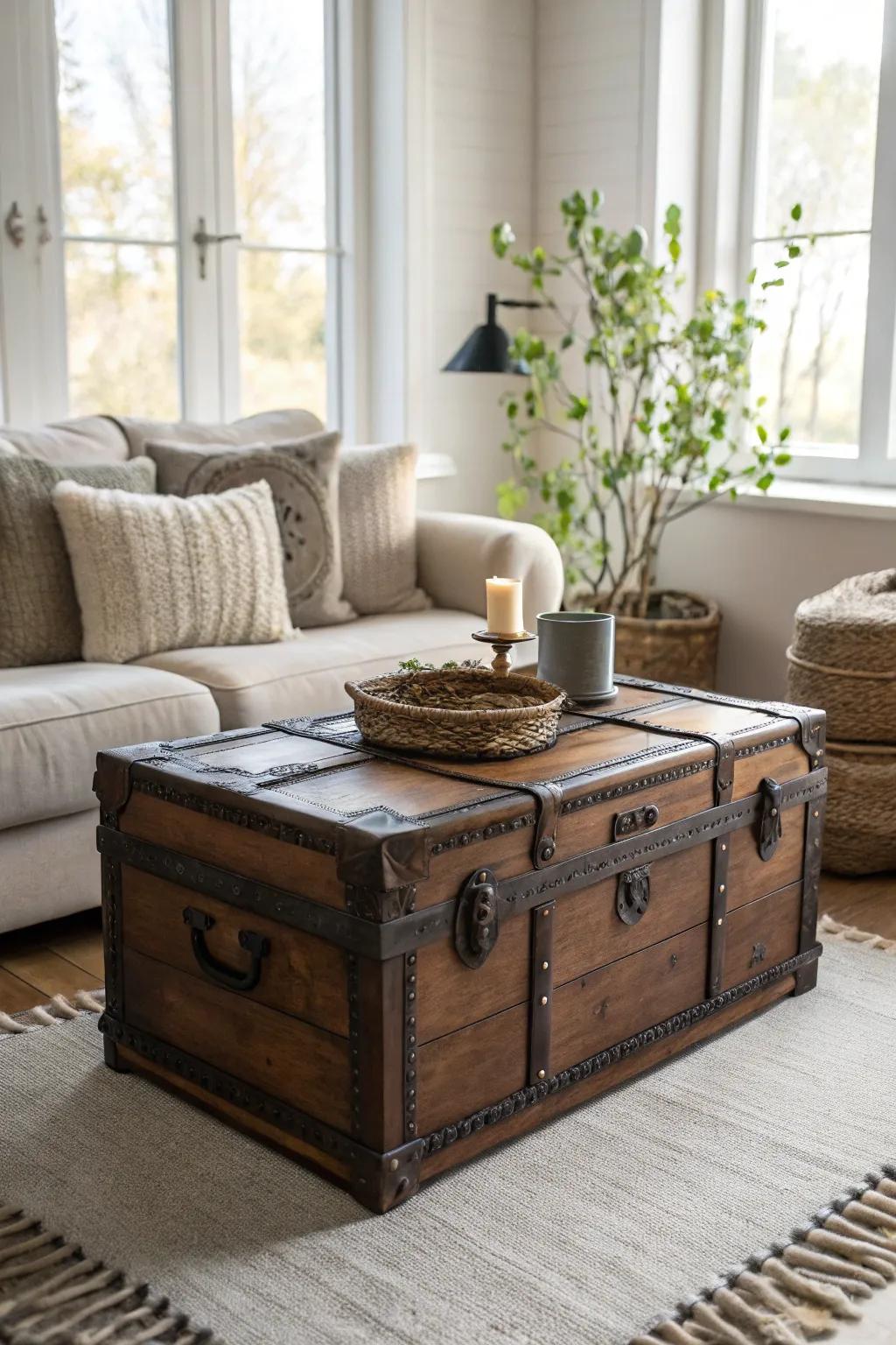 Transform your space with a stunning trunk coffee table that blends style and storage effortlessly. #ScandinavianBoho #RepurposedFurniture