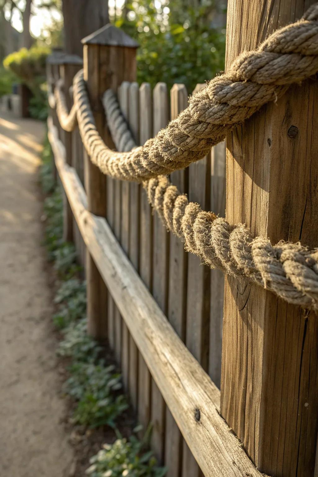 Elevate your garden with a touch of rustic elegance: DIY rope fence accent for the discerning craftsman.
