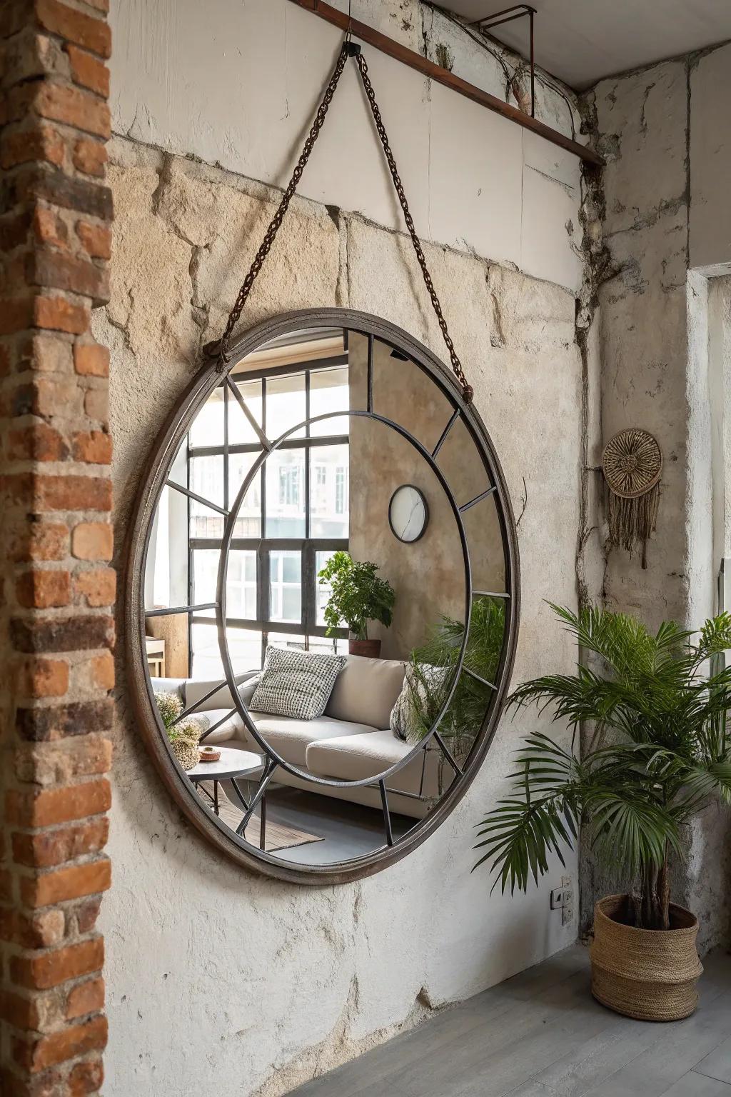 Metal-framed round mirror adding a modern edge to an industrial-themed living room.