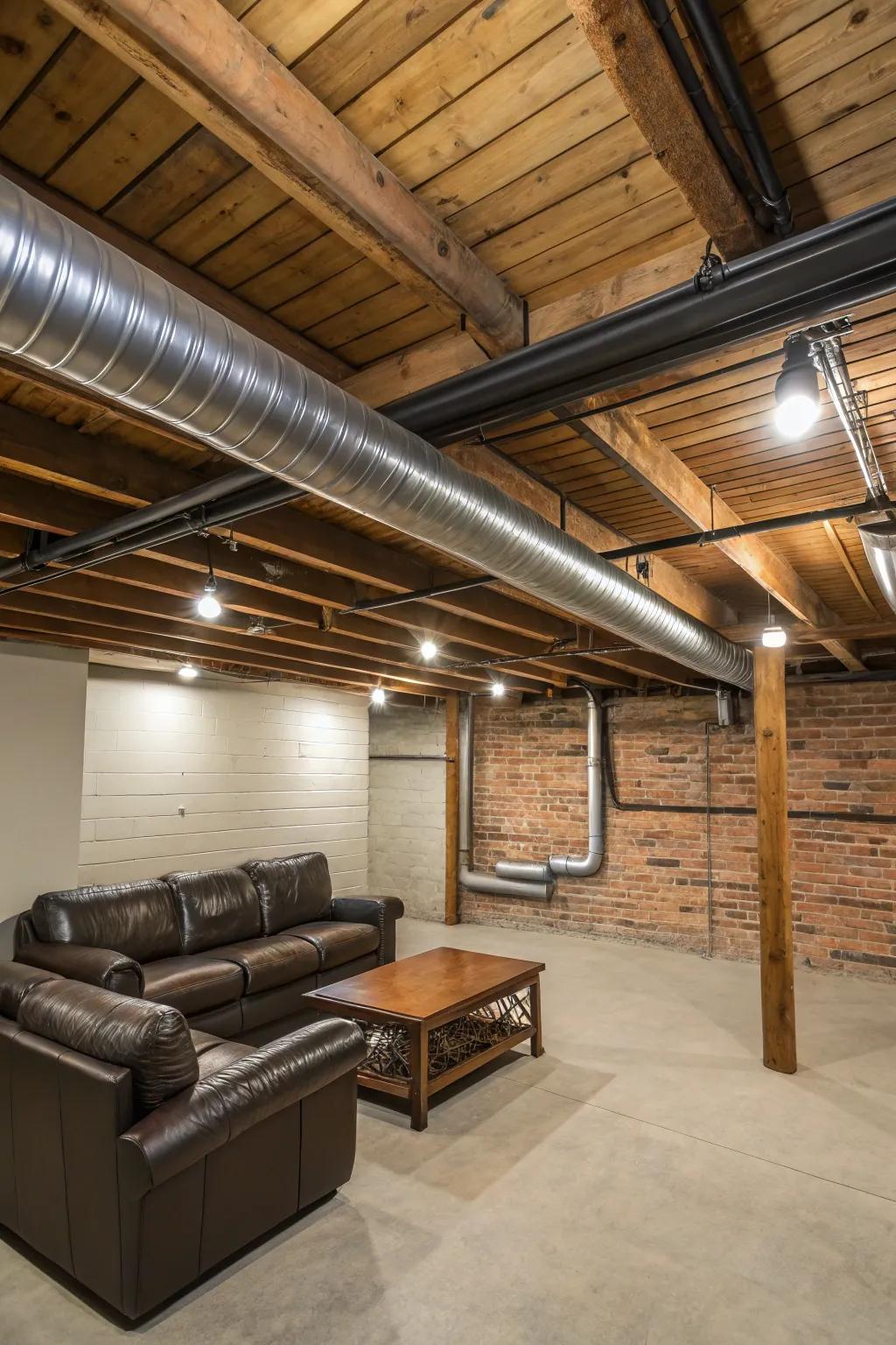 Explore the beauty of an open space layout with this rustic exposed ceiling design.