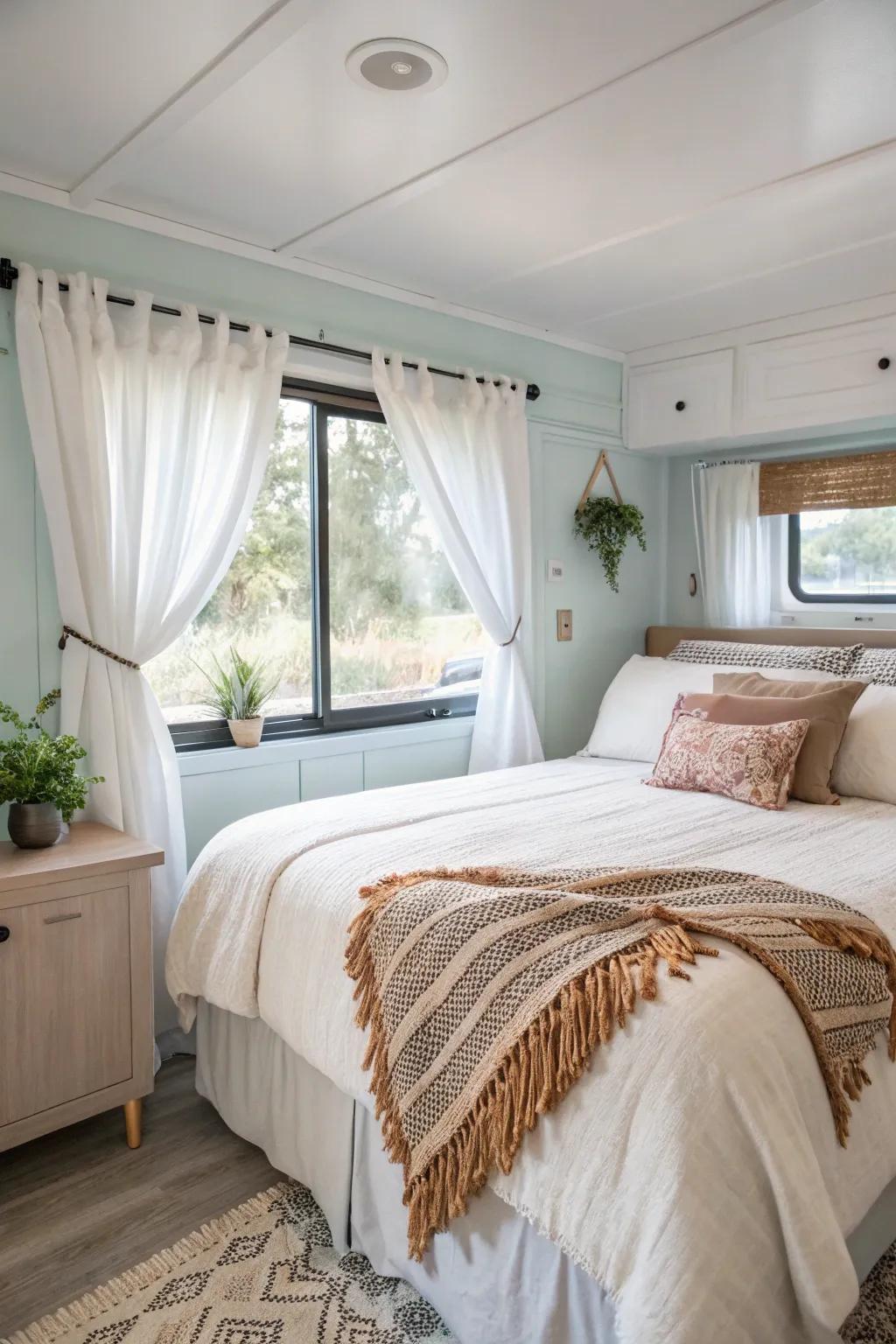 Breathe life into your RV bedroom with a bright, airy remodel that blends Scandinavian minimalism and Boho charm.