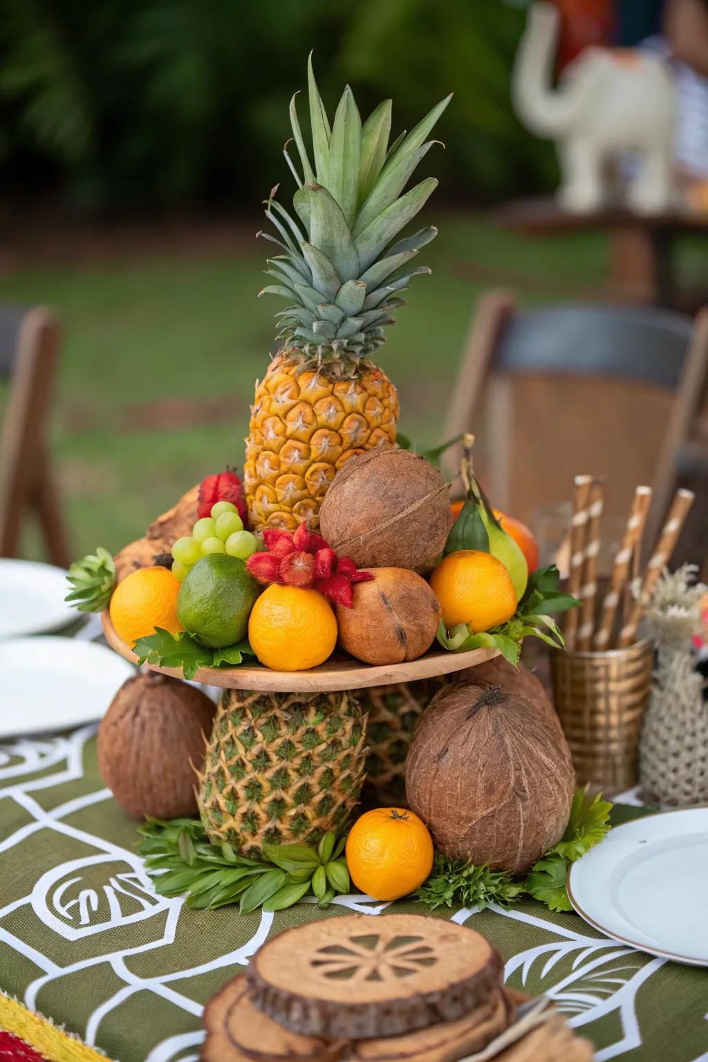 Tropical fruits add an exotic and colorful touch.