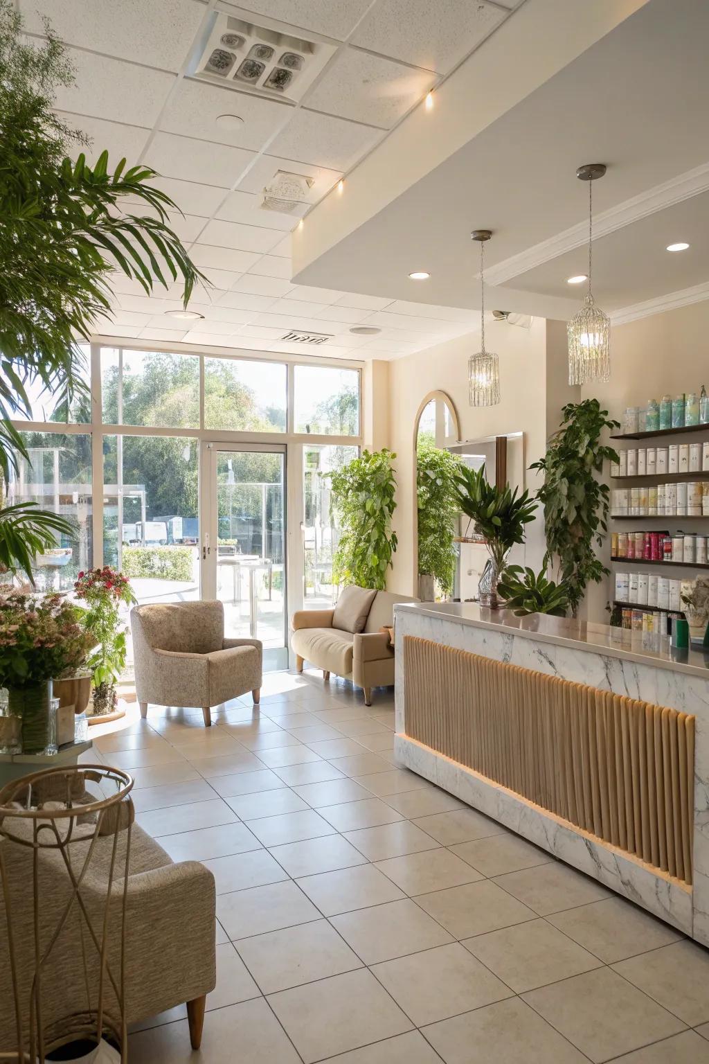 A salon reception area bathed in natural light, creating a bright and airy atmosphere.