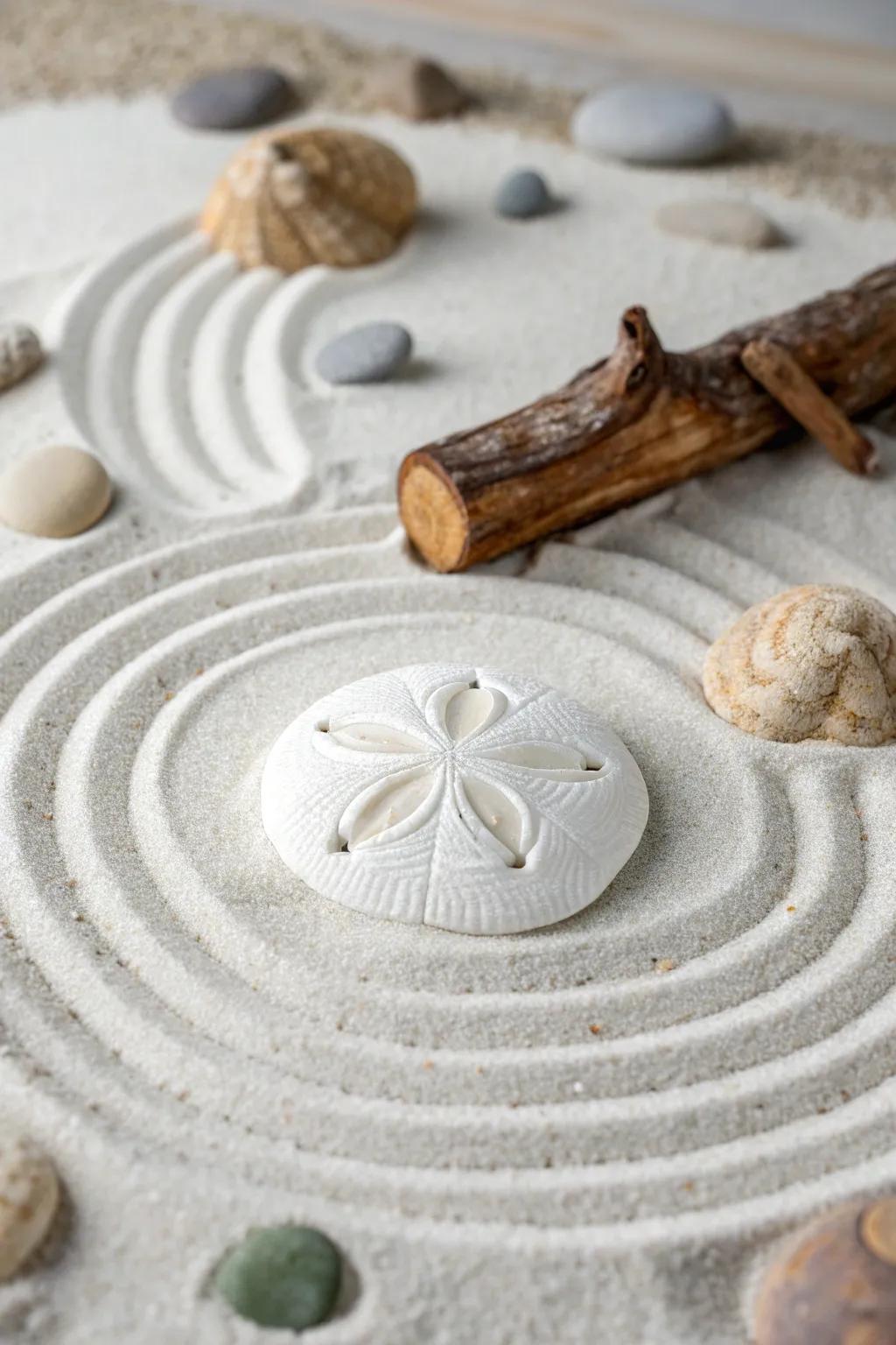 Find peace in simplicity with a minimalist zen garden featuring a stunning sand dollar centerpiece.