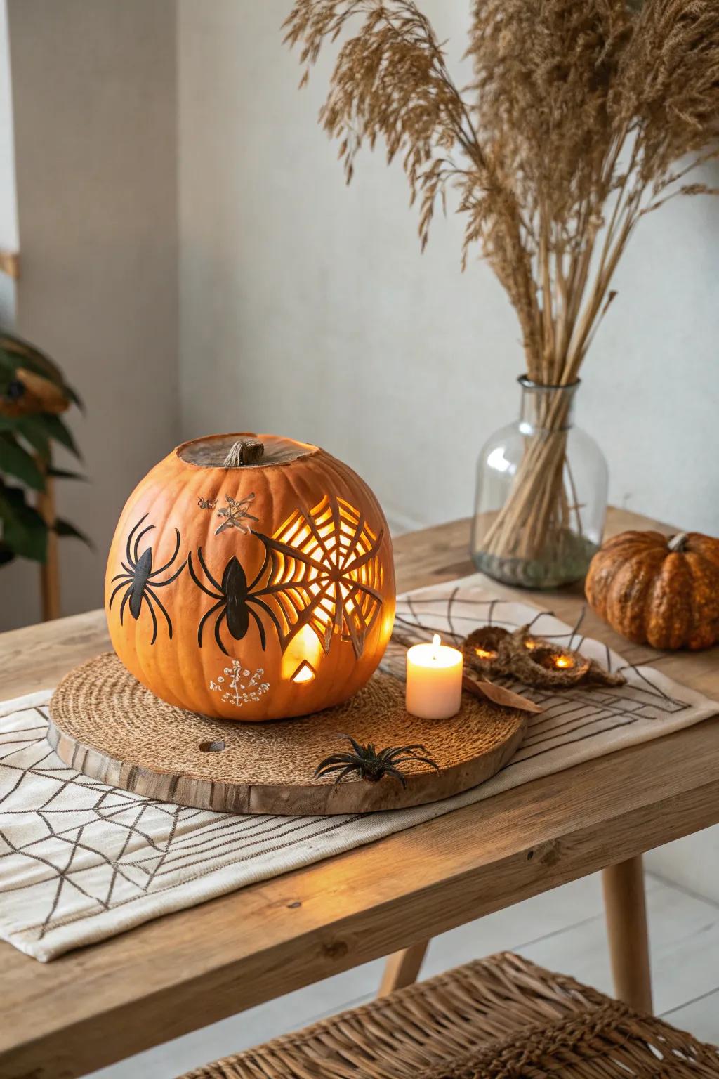 Embrace the eerie elegance with a spider-infested pumpkin, where minimalist design meets spooky creativity!