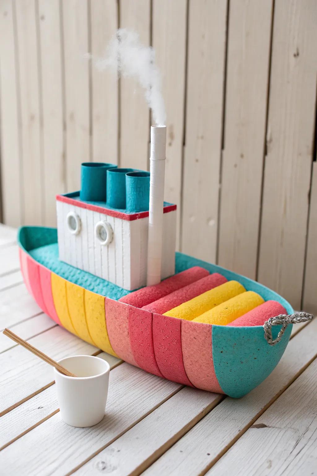 Set sail with creativity! This charming pool noodle steamboat floats elegantly, embodying minimalist beauty with a splash of bold color.
