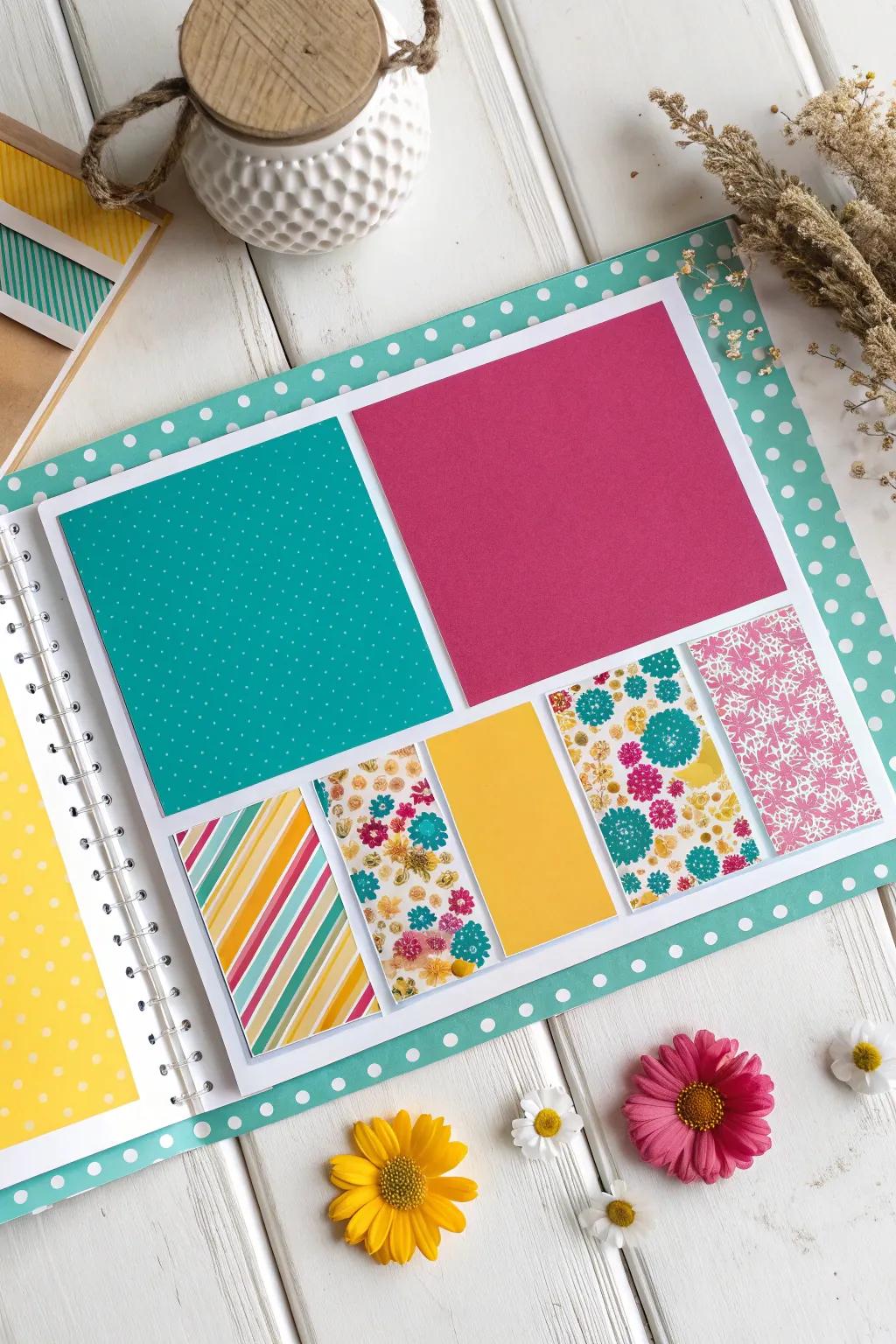 Infuse your scrapbook with vibrant energy using bold colors and mixed patterns for a lively and engaging layout.