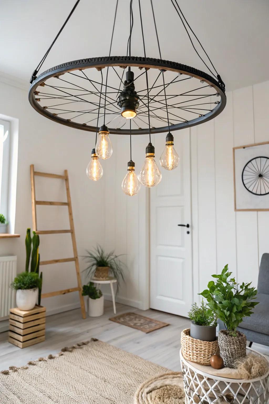 Illuminate your space with a touch of creativity: a DIY chandelier made from a recycled bike wheel, perfect for the modern minimalist.