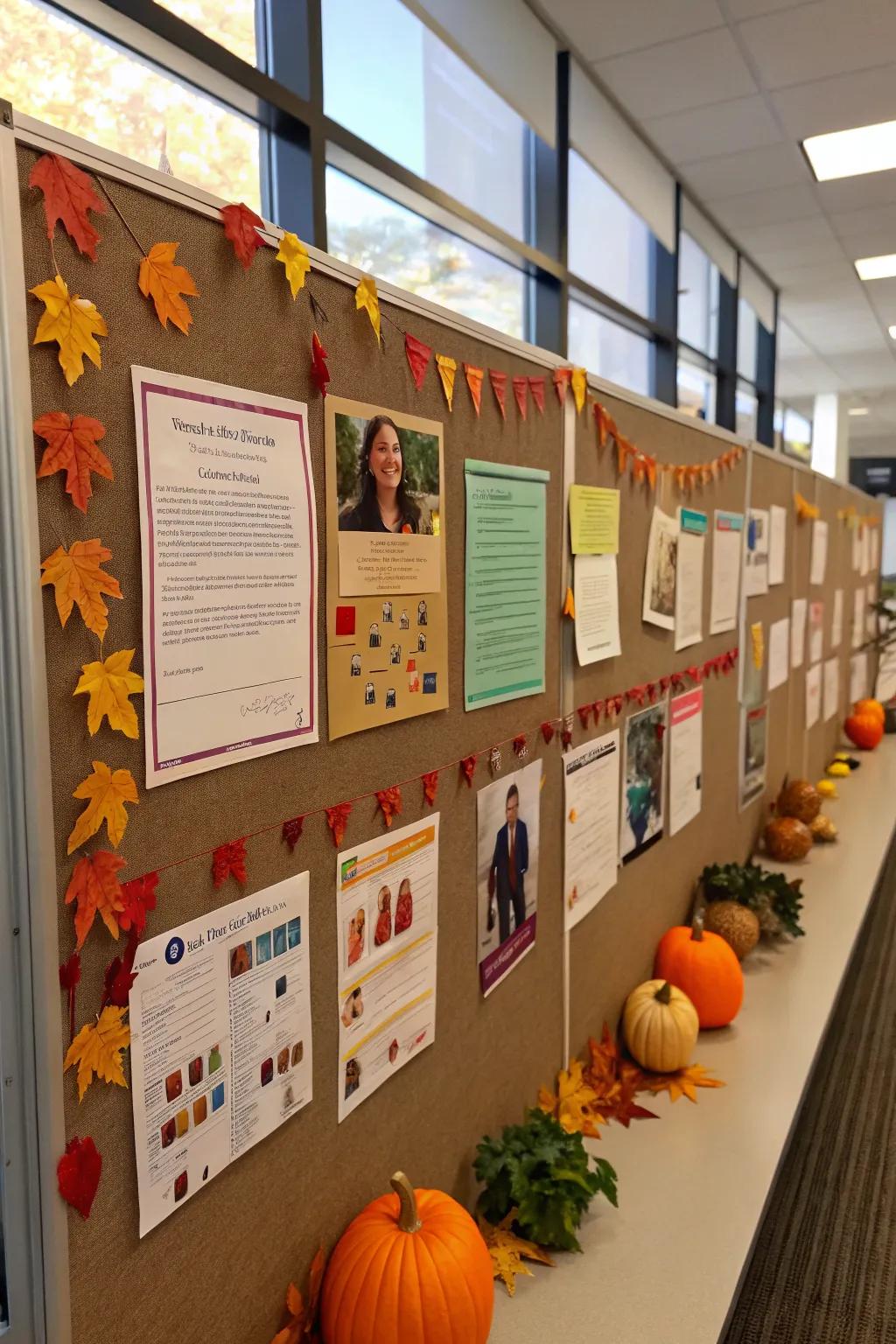 An employee spotlight board celebrating individual achievements with fall decorations.